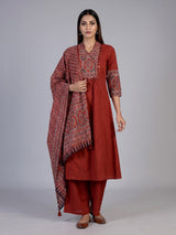 Rust red cotton blend anarkali kurti set with festive embellishments
