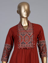 Rust red cotton blend anarkali kurti set with festive embellishments