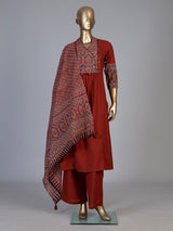 Rust red cotton blend anarkali kurti set with festive embellishments