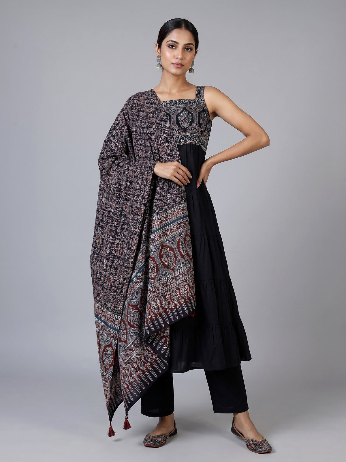 Black cotton blend printed anarkali kurti set