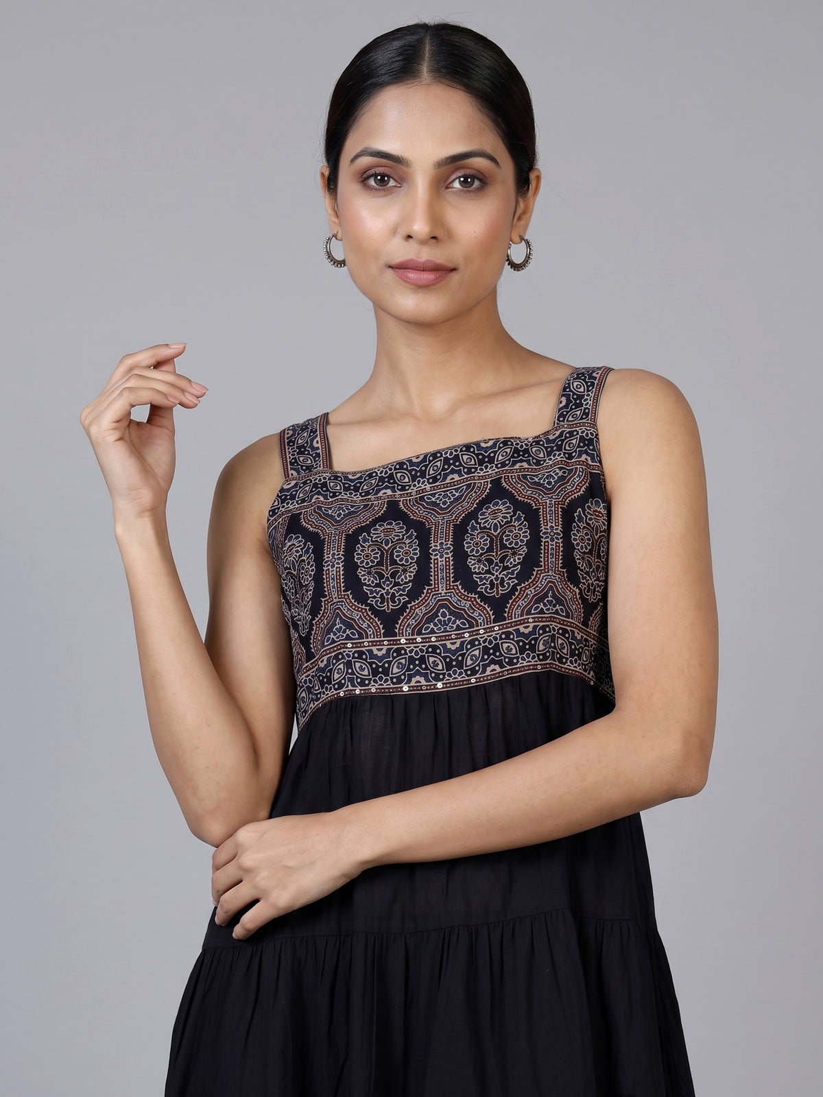 Black cotton blend printed anarkali kurti set