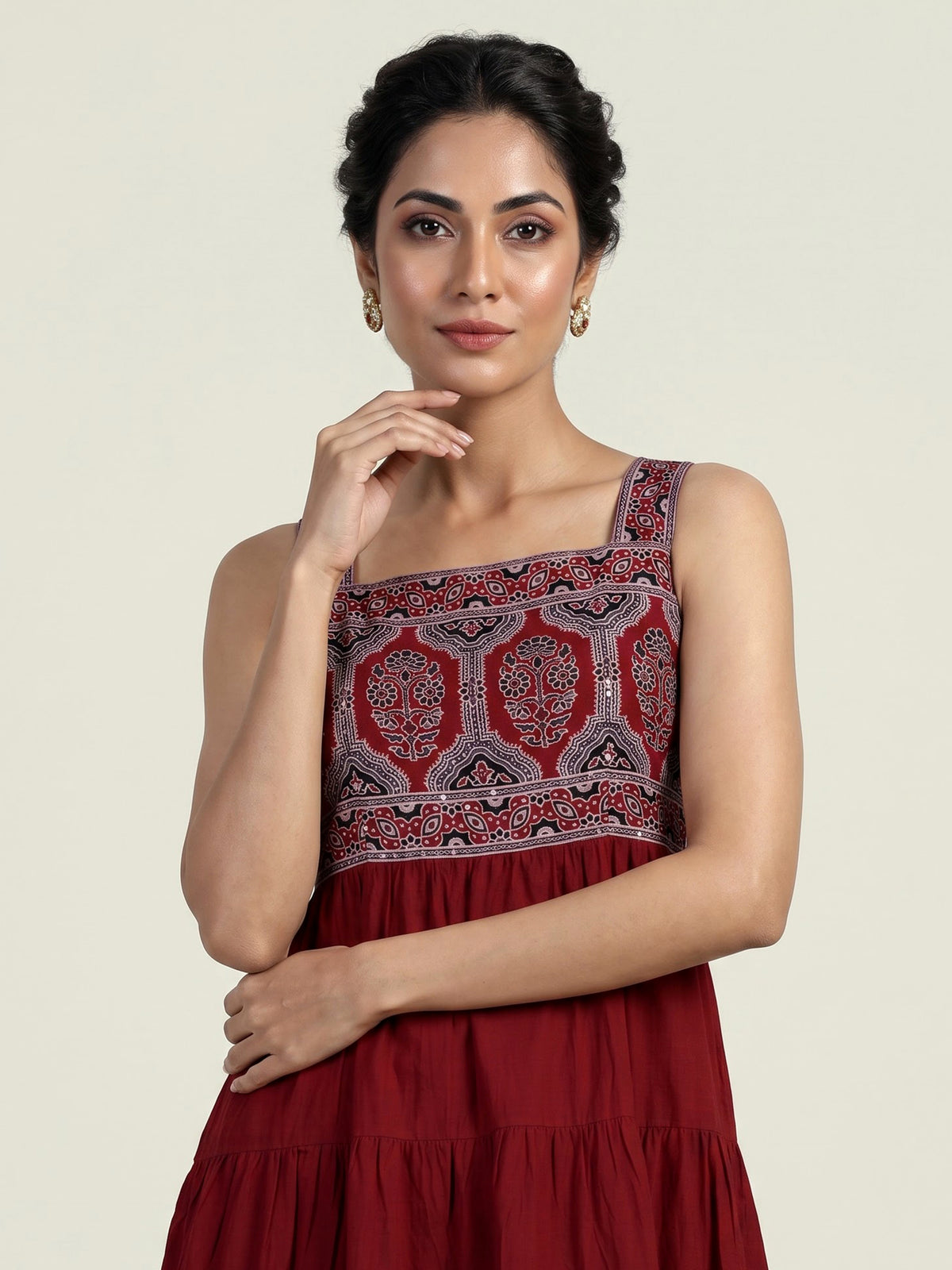 Maroon cotton blend printed anarkali kurti set