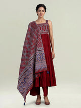 Maroon cotton blend printed anarkali kurti set
