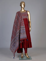 Maroon cotton blend printed anarkali kurti set