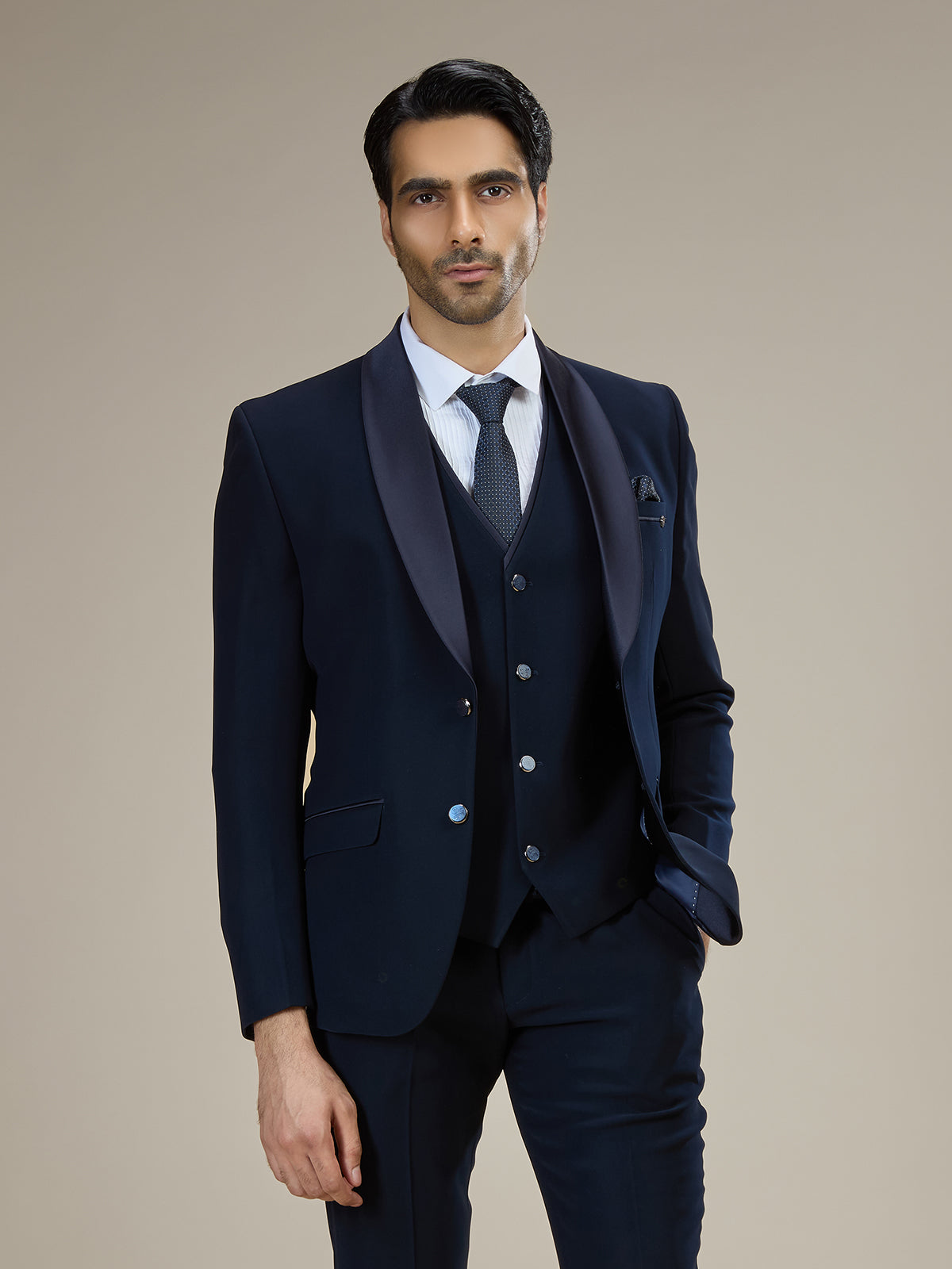 Navy blue classic shawl lapel coat suit