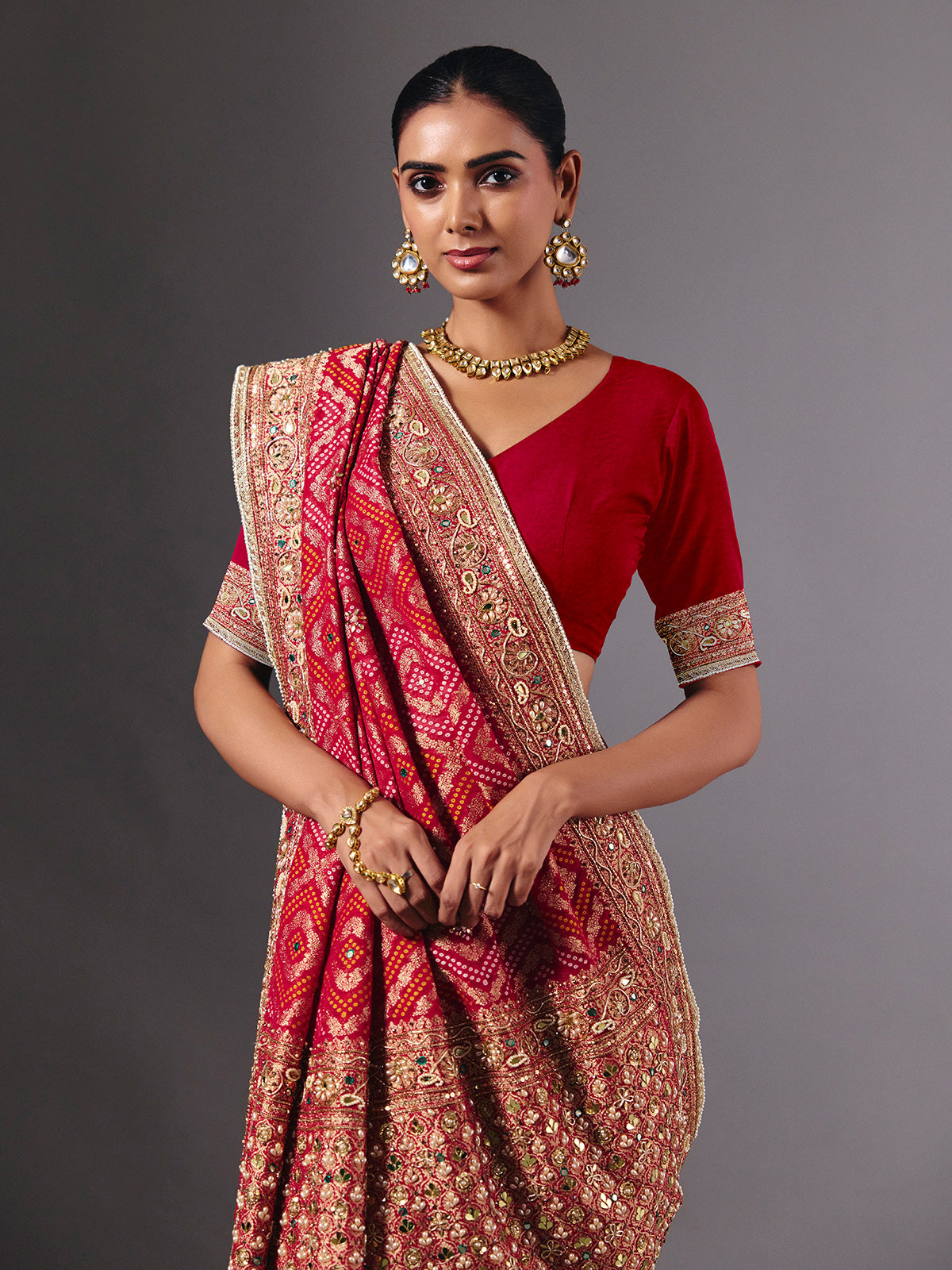 Rani pink georgette saree for wedding celebration