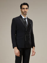 Black textured double breasted coat suit with chain detail