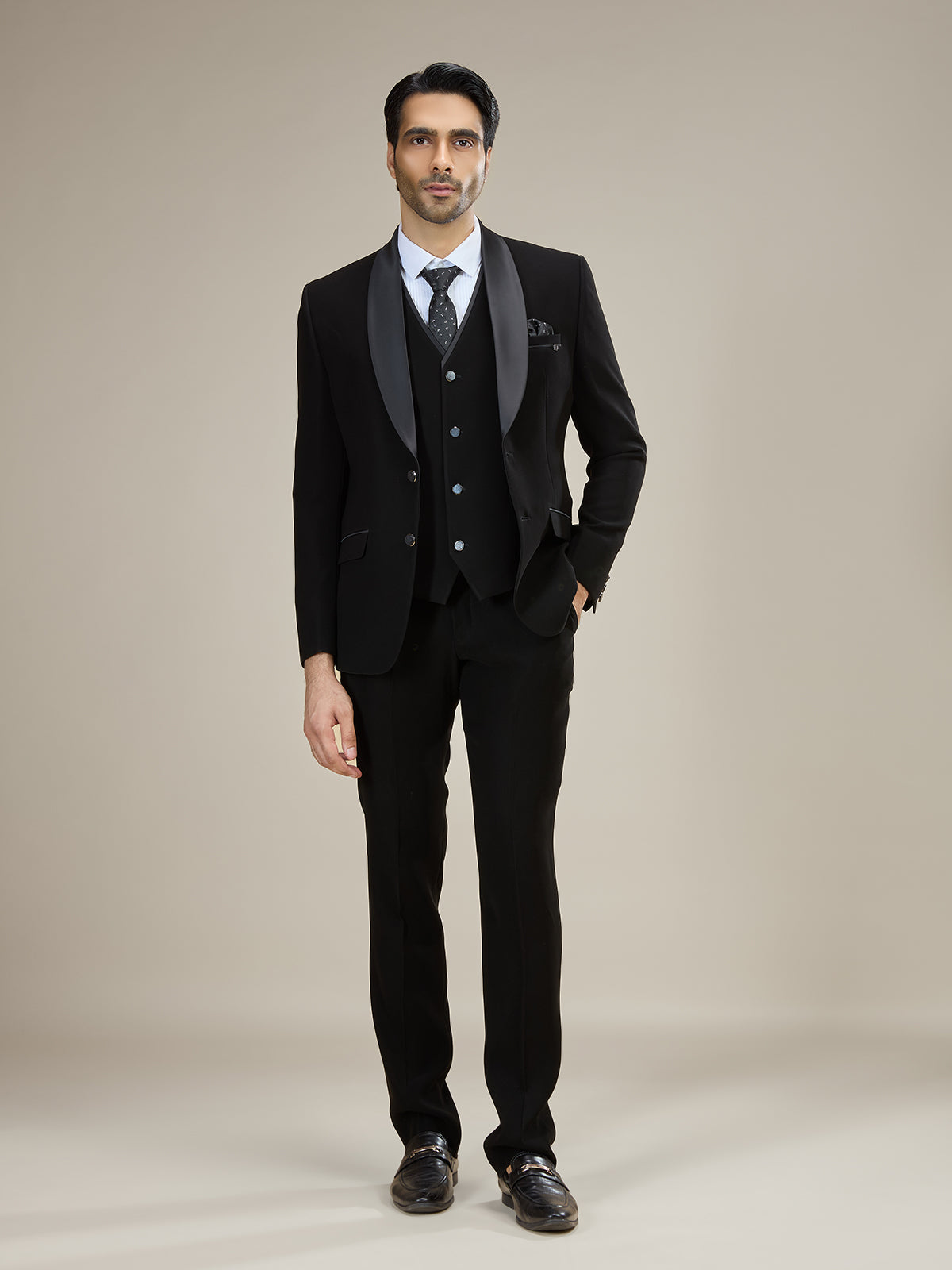 Black satin shawl lapel formal coat suit