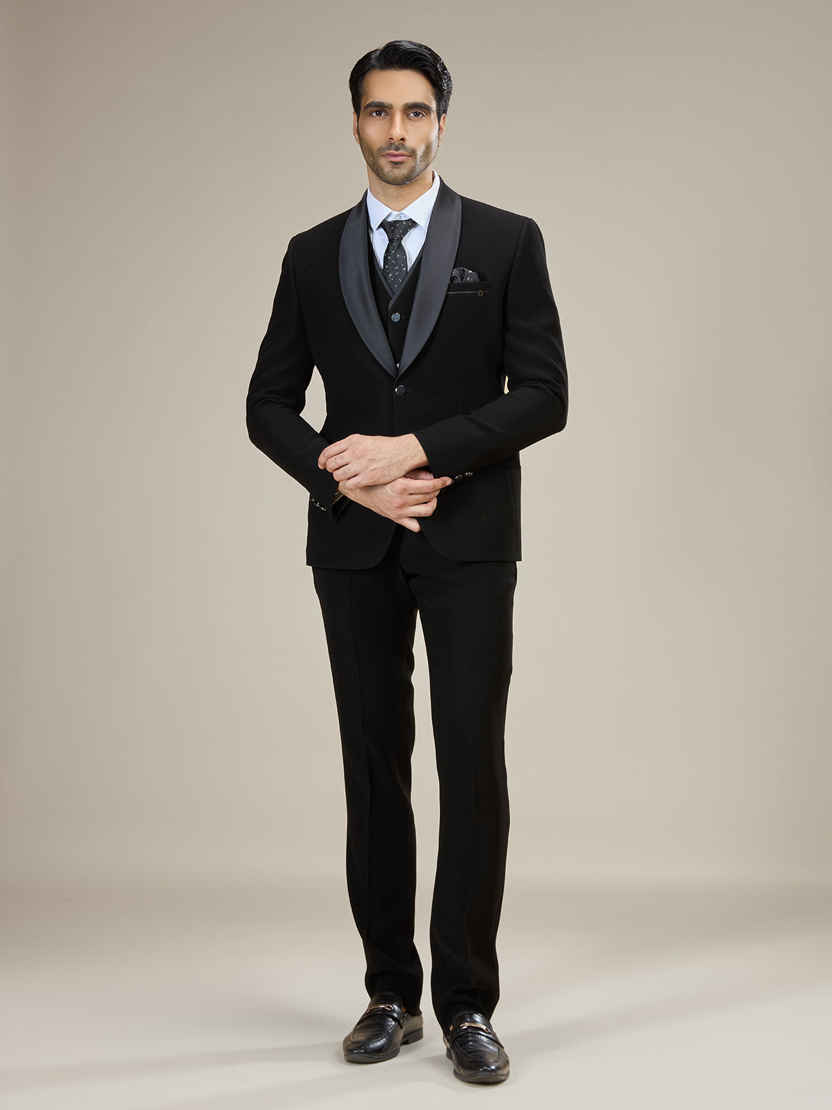 Black satin shawl lapel formal coat suit