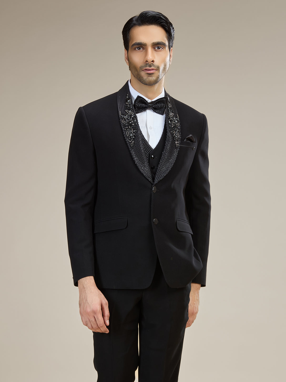 Black sparkle bow tie coat suit with embellished detailing