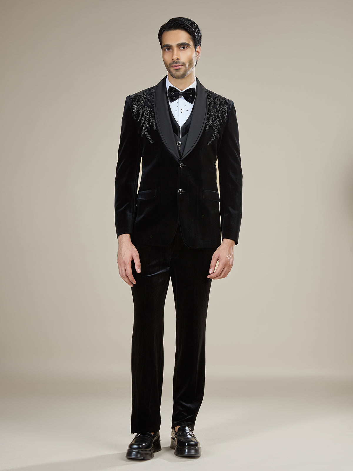 Black velvet embellished coat suit with bow tie