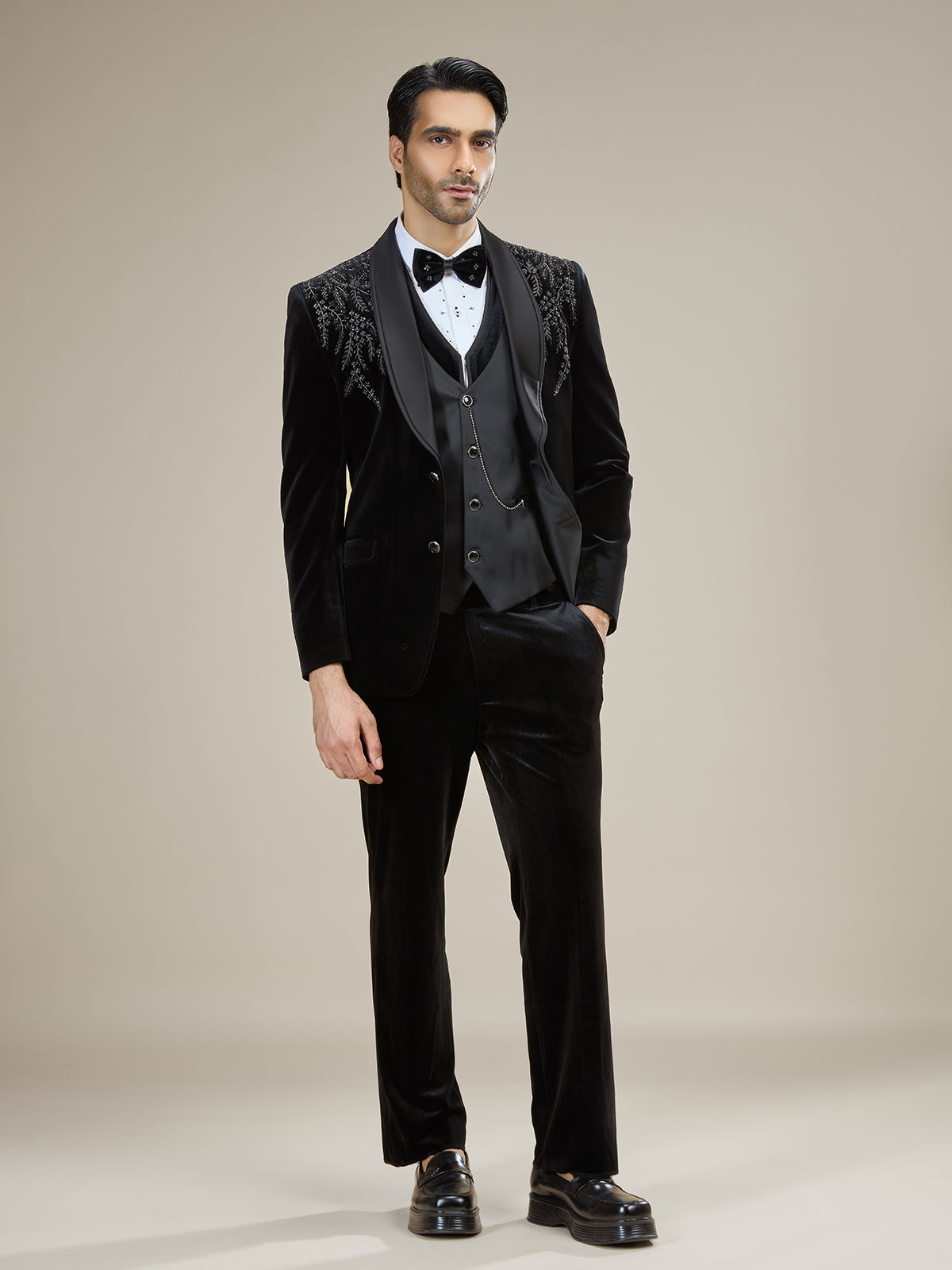 Black velvet embellished coat suit with bow tie