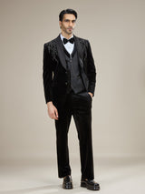 Black velvet embellished coat suit with bow tie