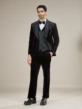 Black velvet embellished coat suit with bow tie