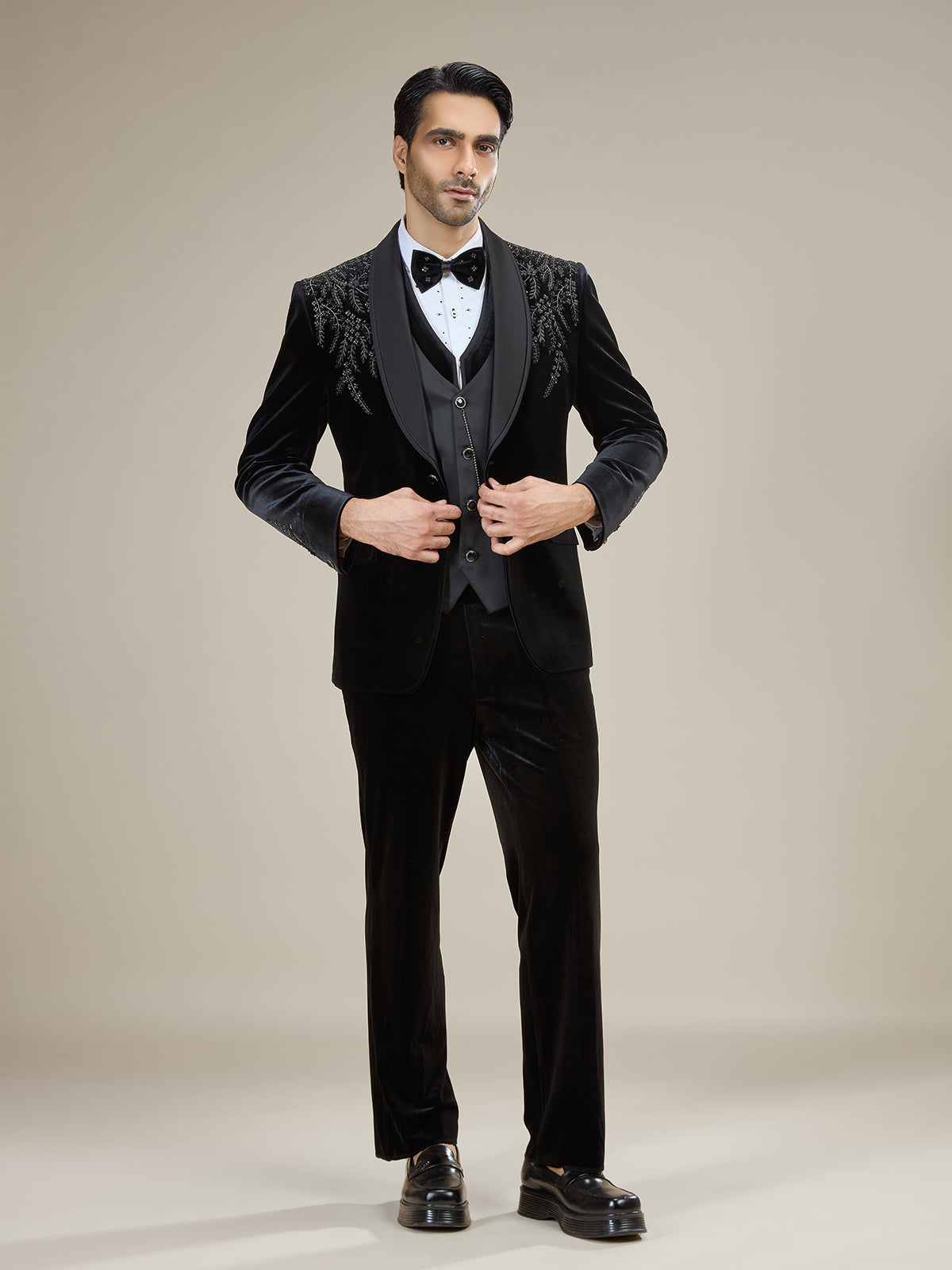 Black velvet embellished coat suit with bow tie