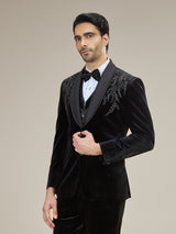 Black velvet embellished coat suit with bow tie
