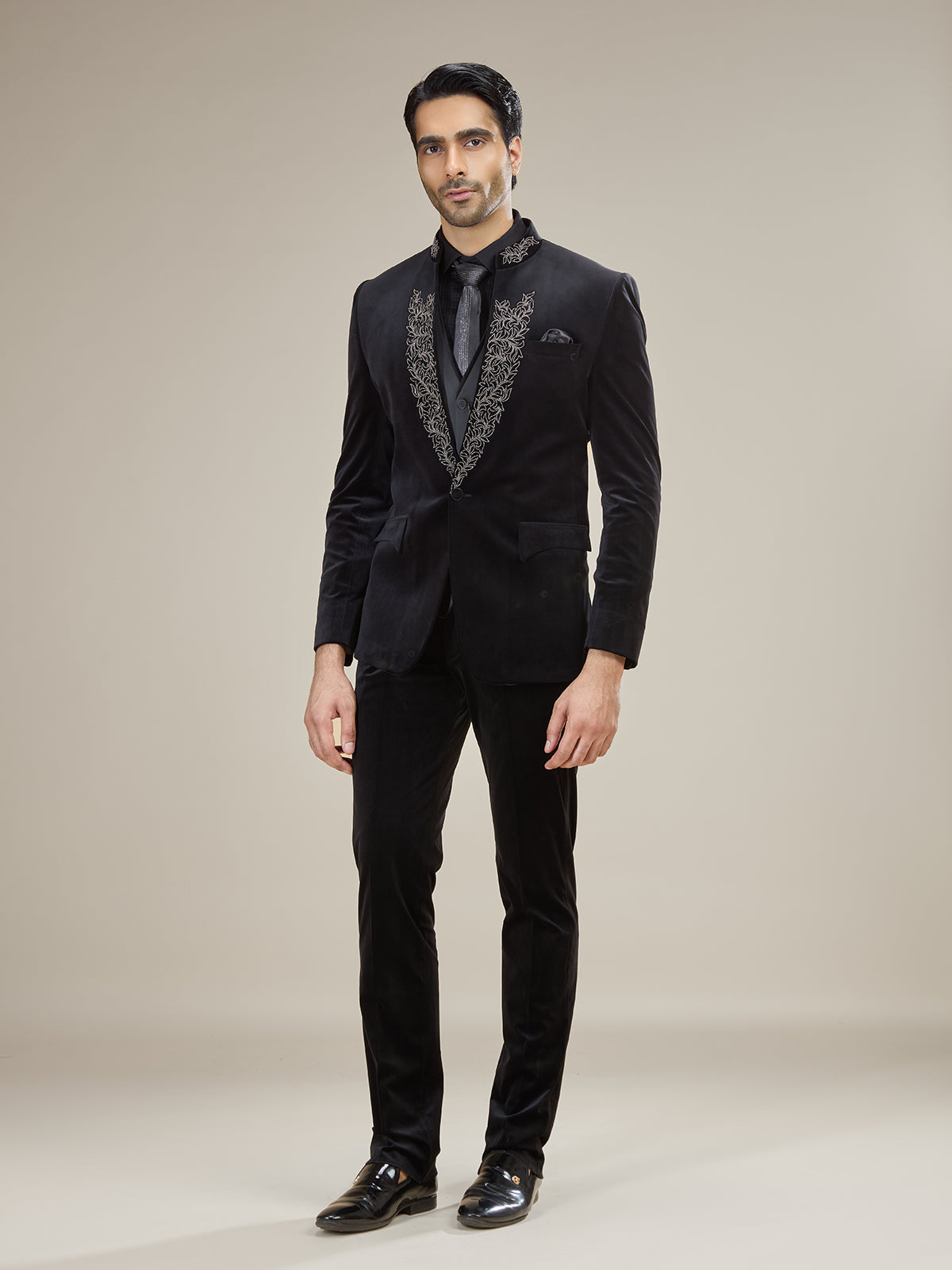 Black velvet classic coat suit with watch chain