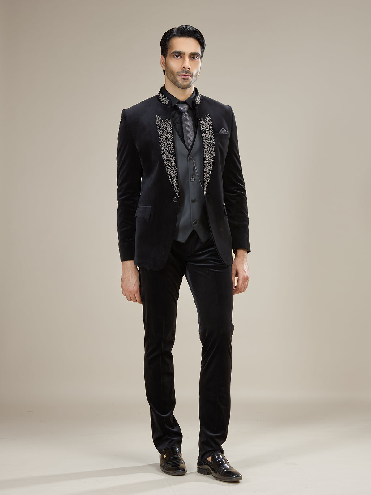 Black velvet classic coat suit with watch chain