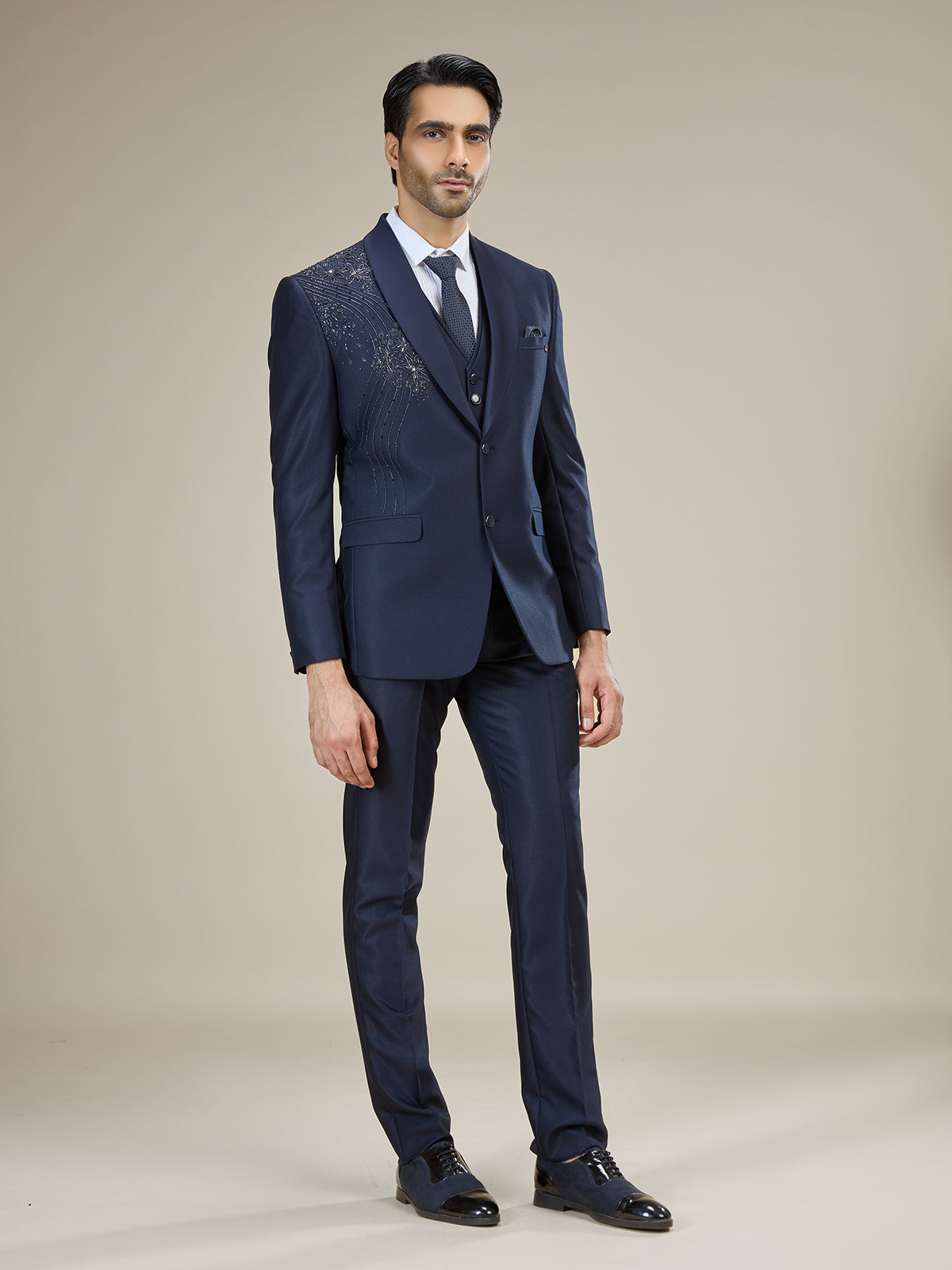 Navy blue embellished shawl lapel coat suit