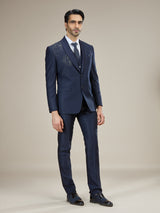 Navy blue embellished shawl lapel coat suit