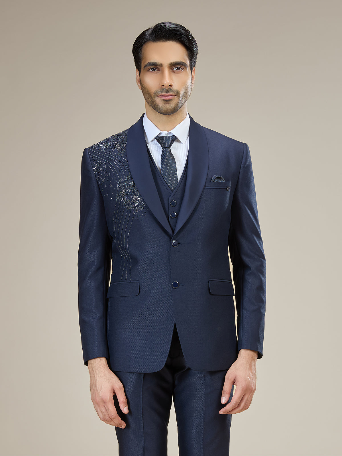 Navy blue embellished shawl lapel coat suit