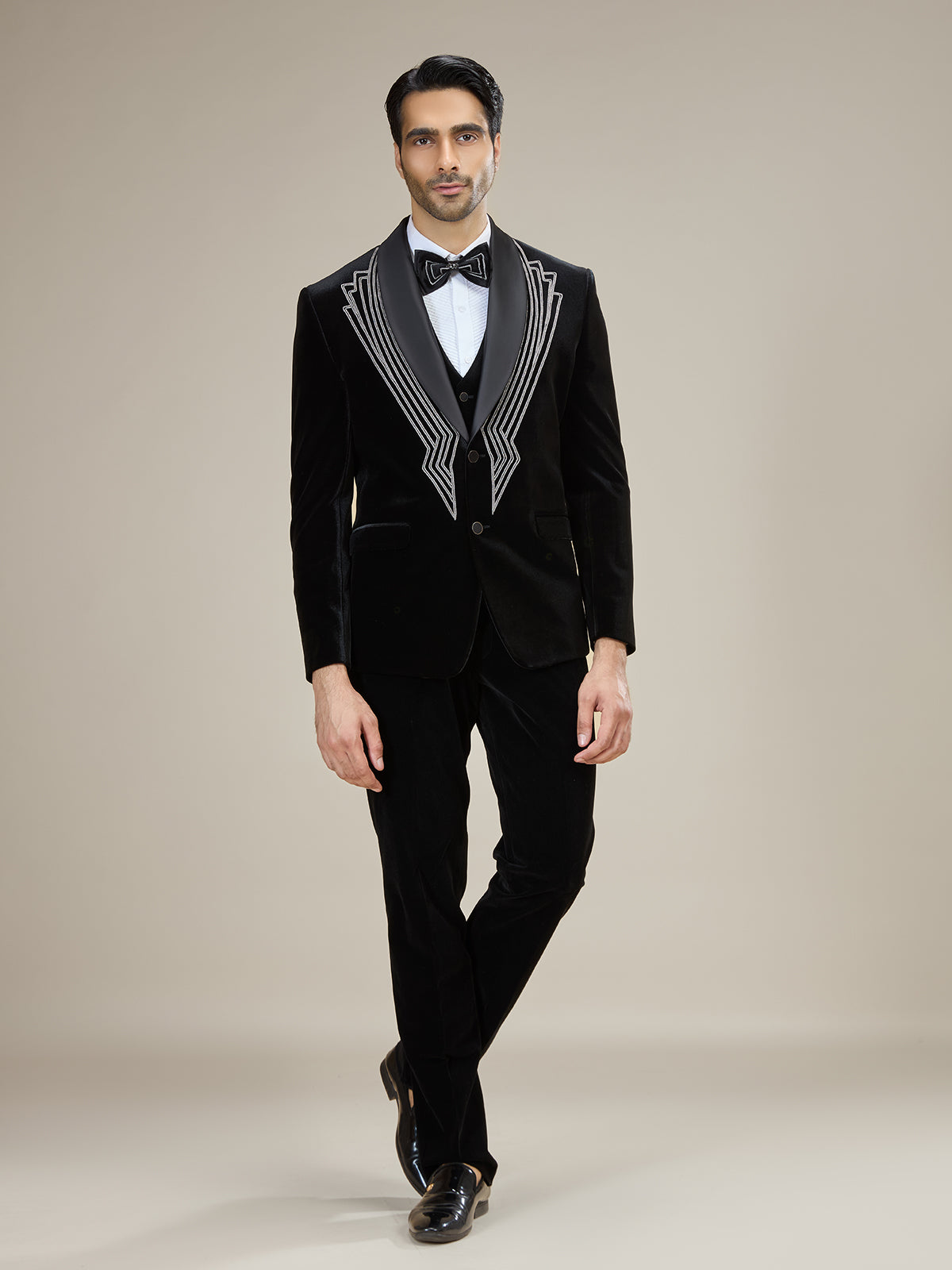 Black geometric embroidered velvet coat suit with bow tie