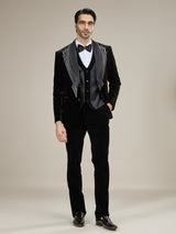 Black geometric embroidered velvet coat suit with bow tie