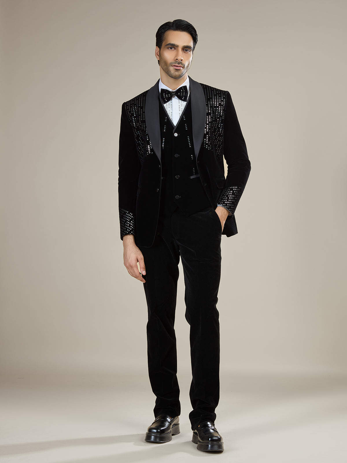 Black silver embellished velvet coat suit with bow tie