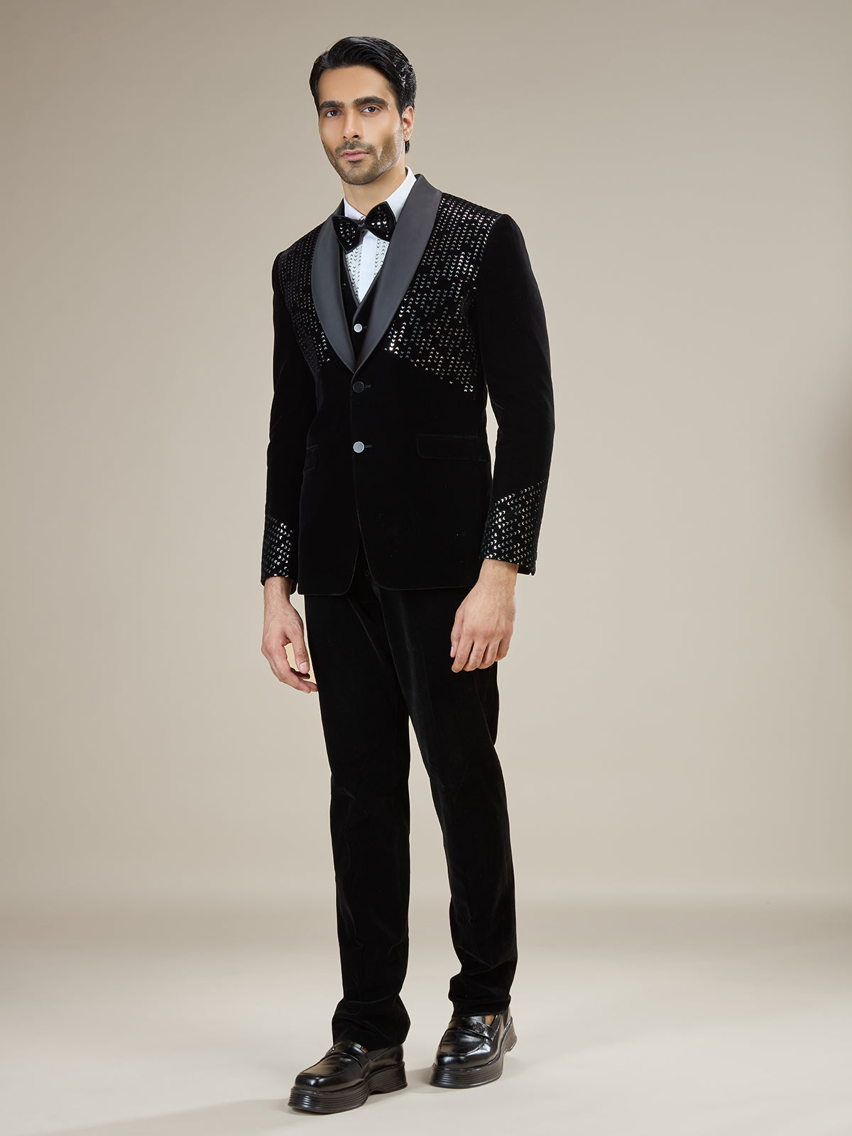 Black silver embellished velvet coat suit with bow tie