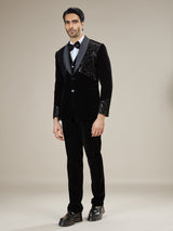 Black silver embellished velvet coat suit with bow tie
