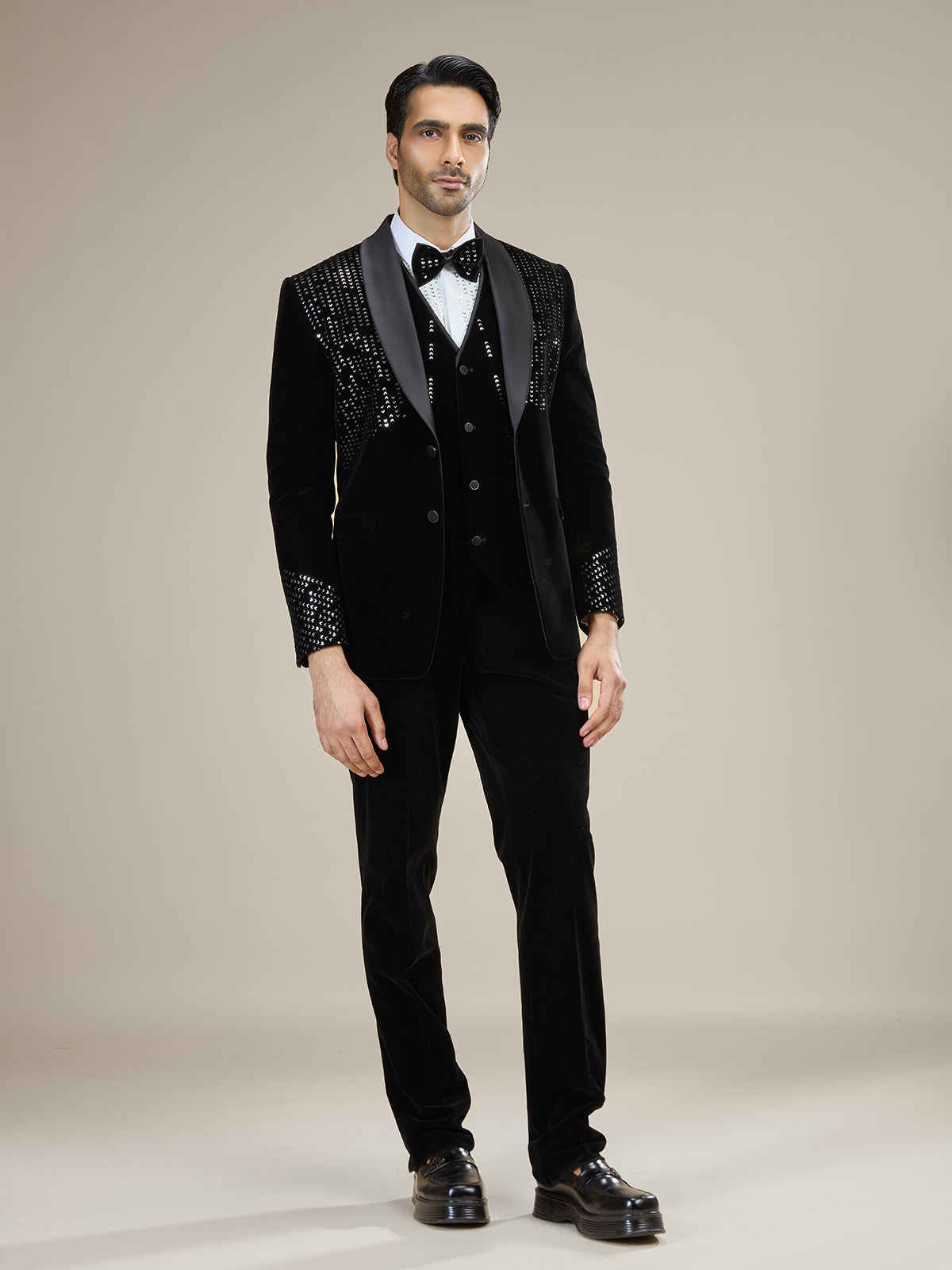 Black silver embellished velvet coat suit with bow tie