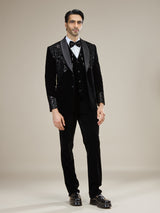 Black silver embellished velvet coat suit with bow tie