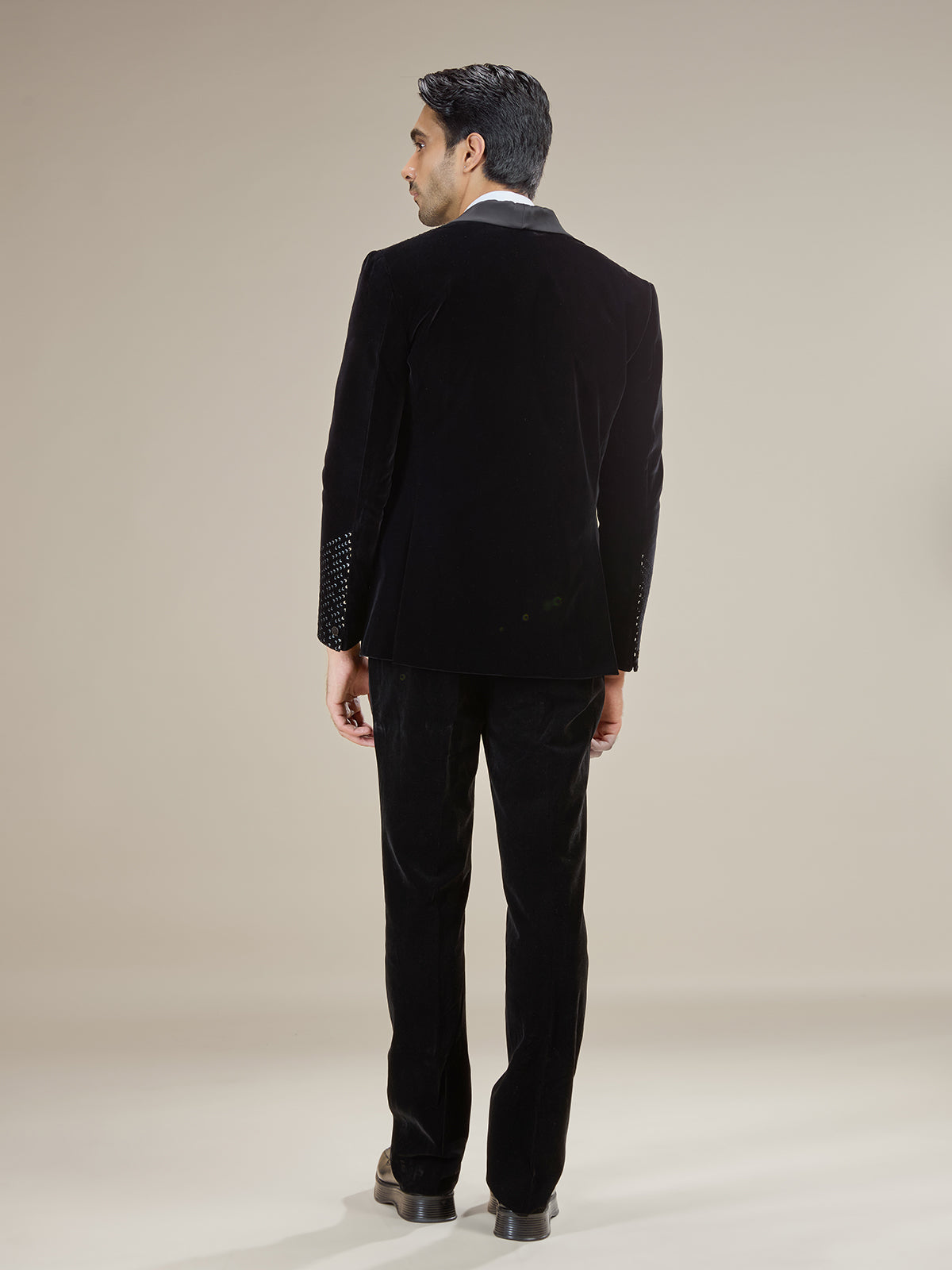 Black silver embellished velvet coat suit with bow tie