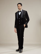 Black silver embellished velvet coat suit with bow tie