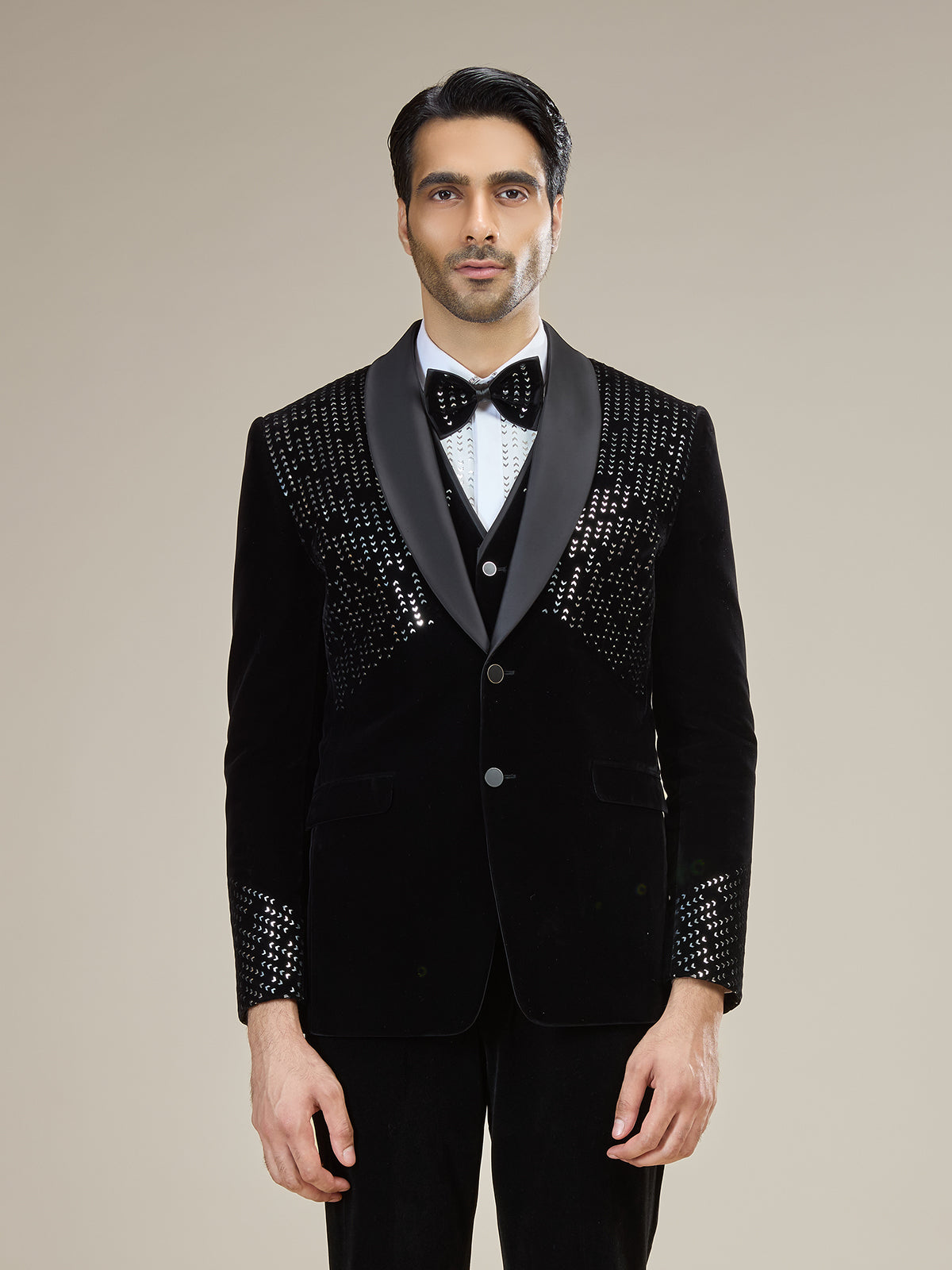 Black silver embellished velvet coat suit with bow tie