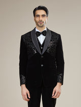 Black silver embellished velvet coat suit with bow tie