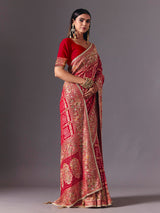 Red art silk bird motif saree with wedding elegance