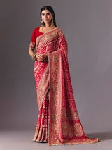 Red art silk bird motif saree with wedding elegance