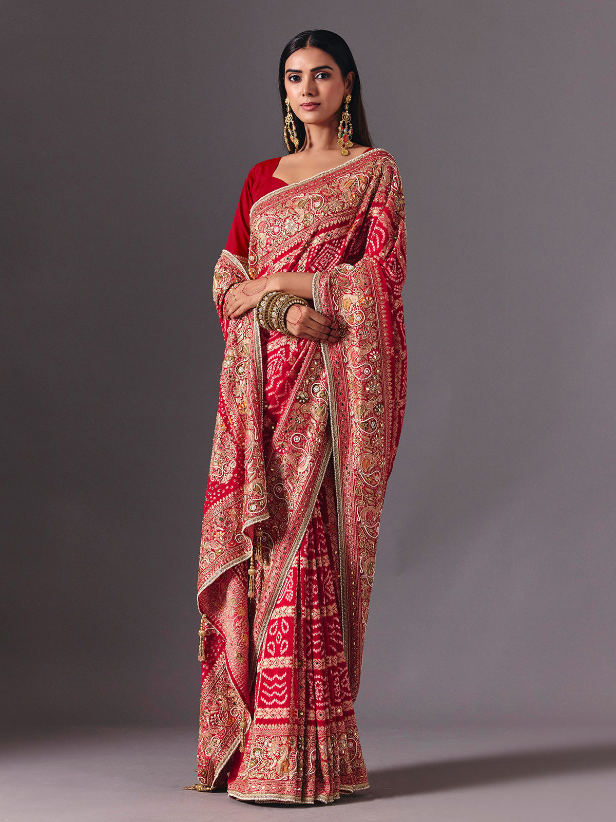 Red art silk bird motif saree with wedding elegance