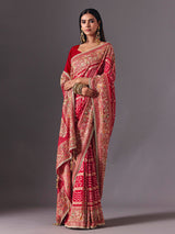 Red art silk bird motif saree with wedding elegance