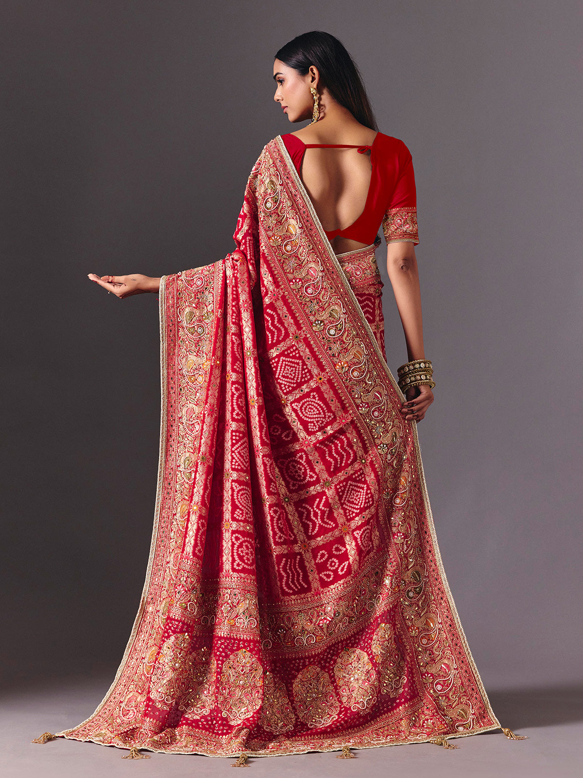 Red art silk bird motif saree with wedding elegance