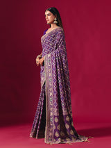 Purple georgette saree with elegant bandhani artistry