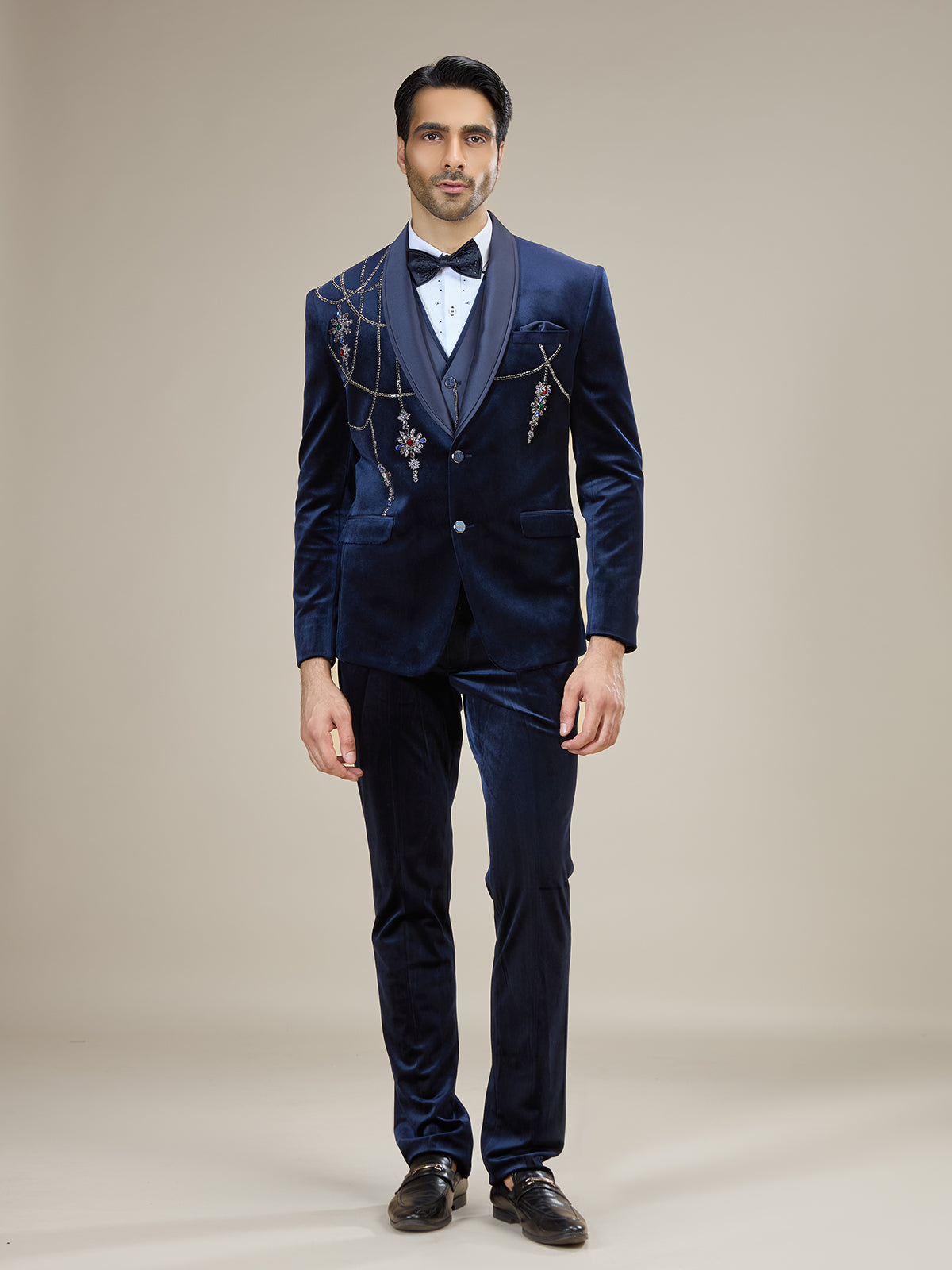 Navy blue royal stone embellished coat suit