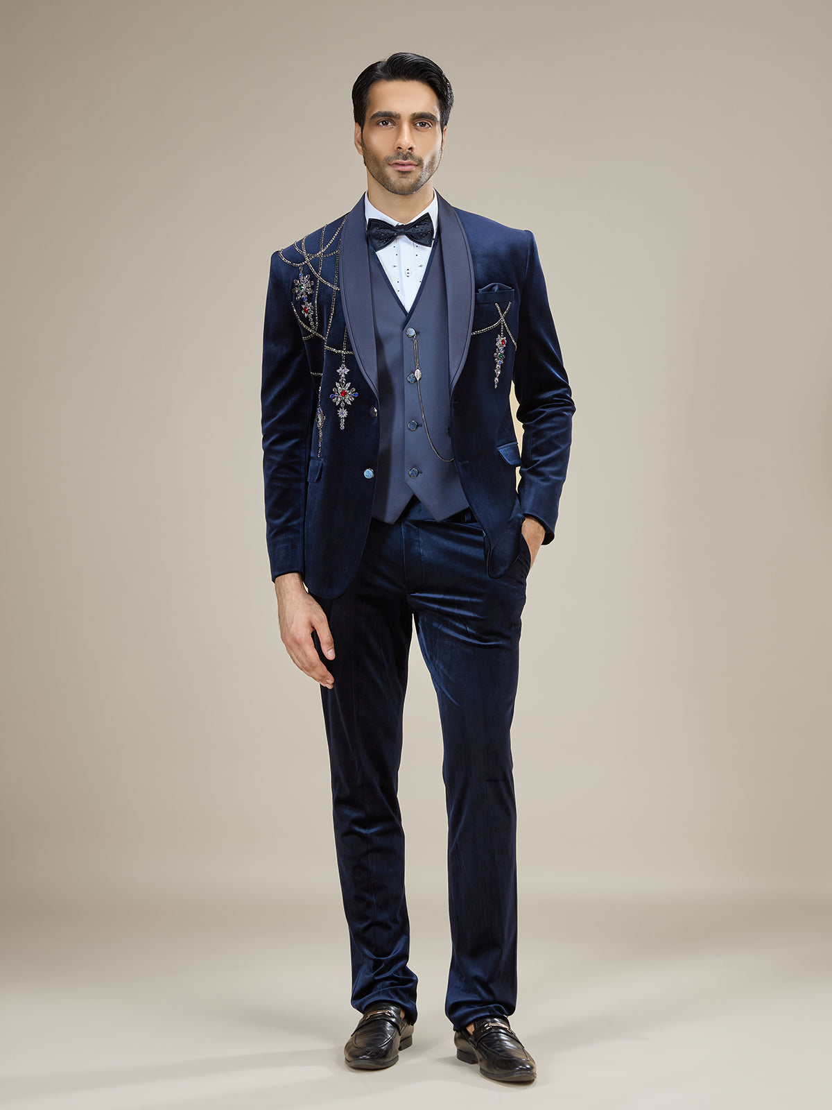 Navy blue royal stone embellished coat suit