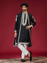 Black embroidered mandarin collar mens kurta suit