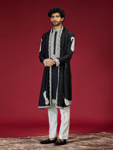 Black embroidered mandarin collar mens kurta suit