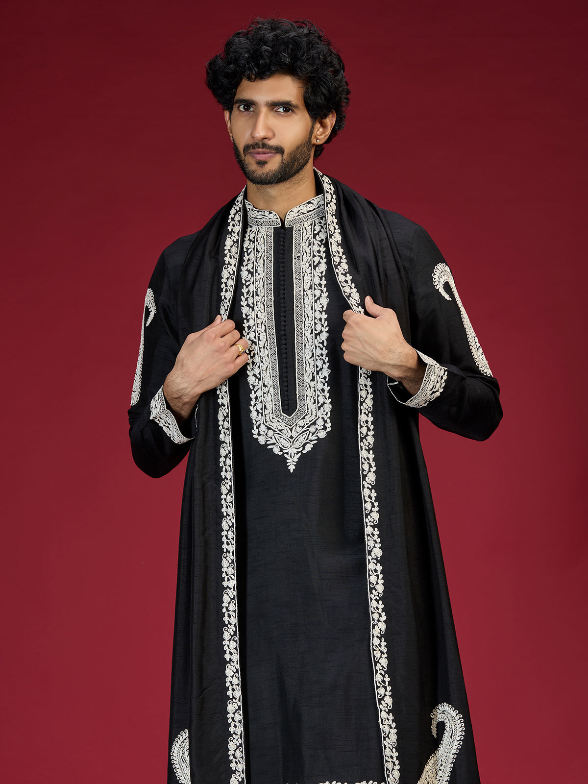 Black embroidered mandarin collar mens kurta suit