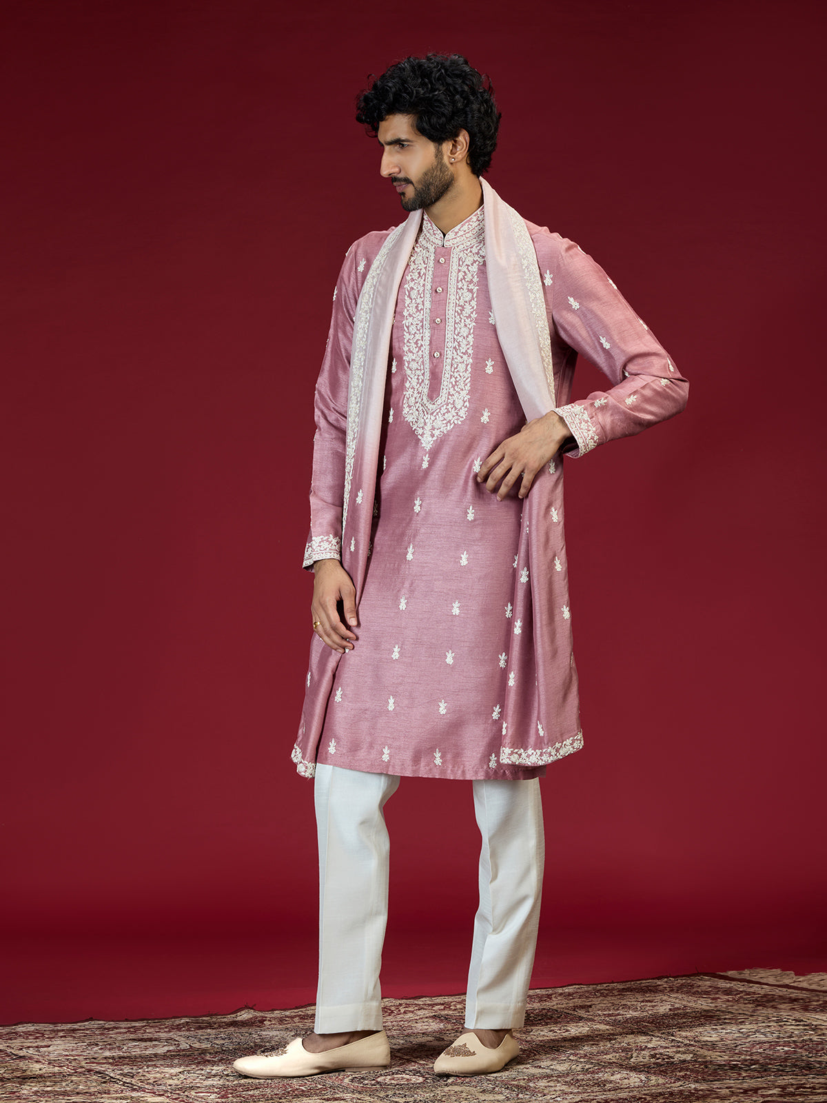Onion pink floral embroidered mens kurta suit