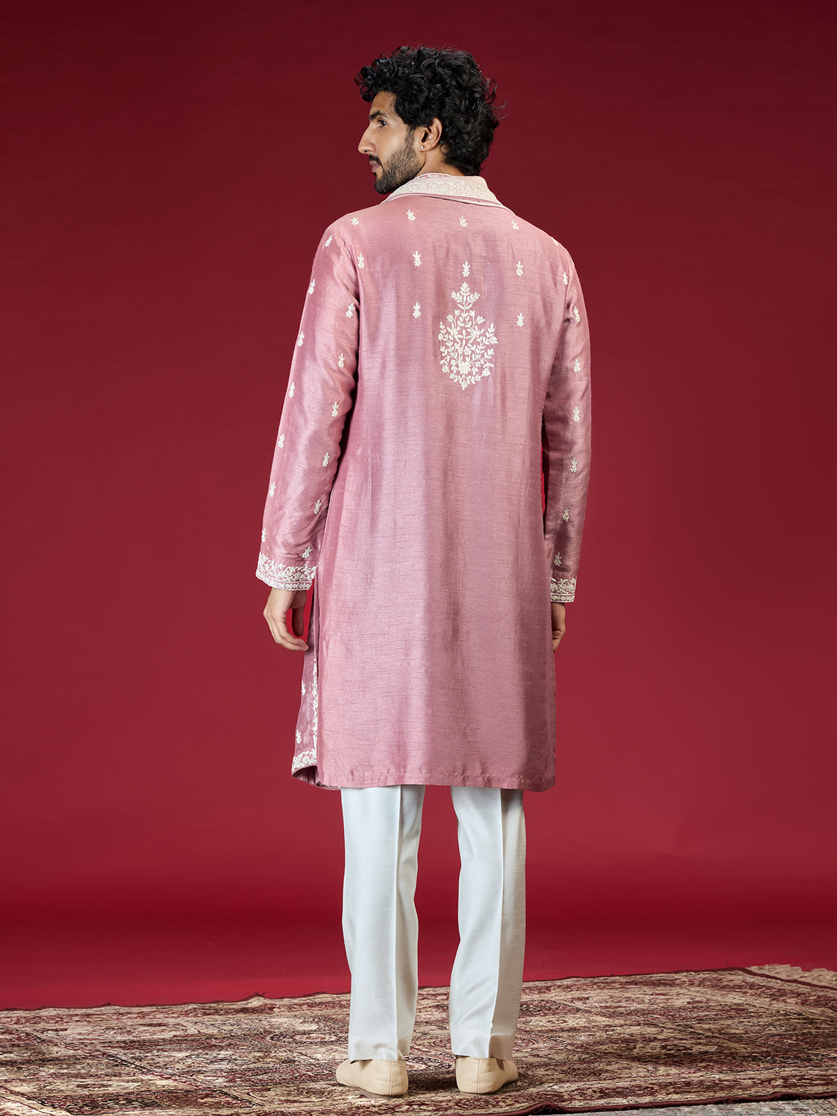 Onion pink floral embroidered mens kurta suit