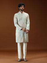 Mint green printed embroidered mens kurta suit